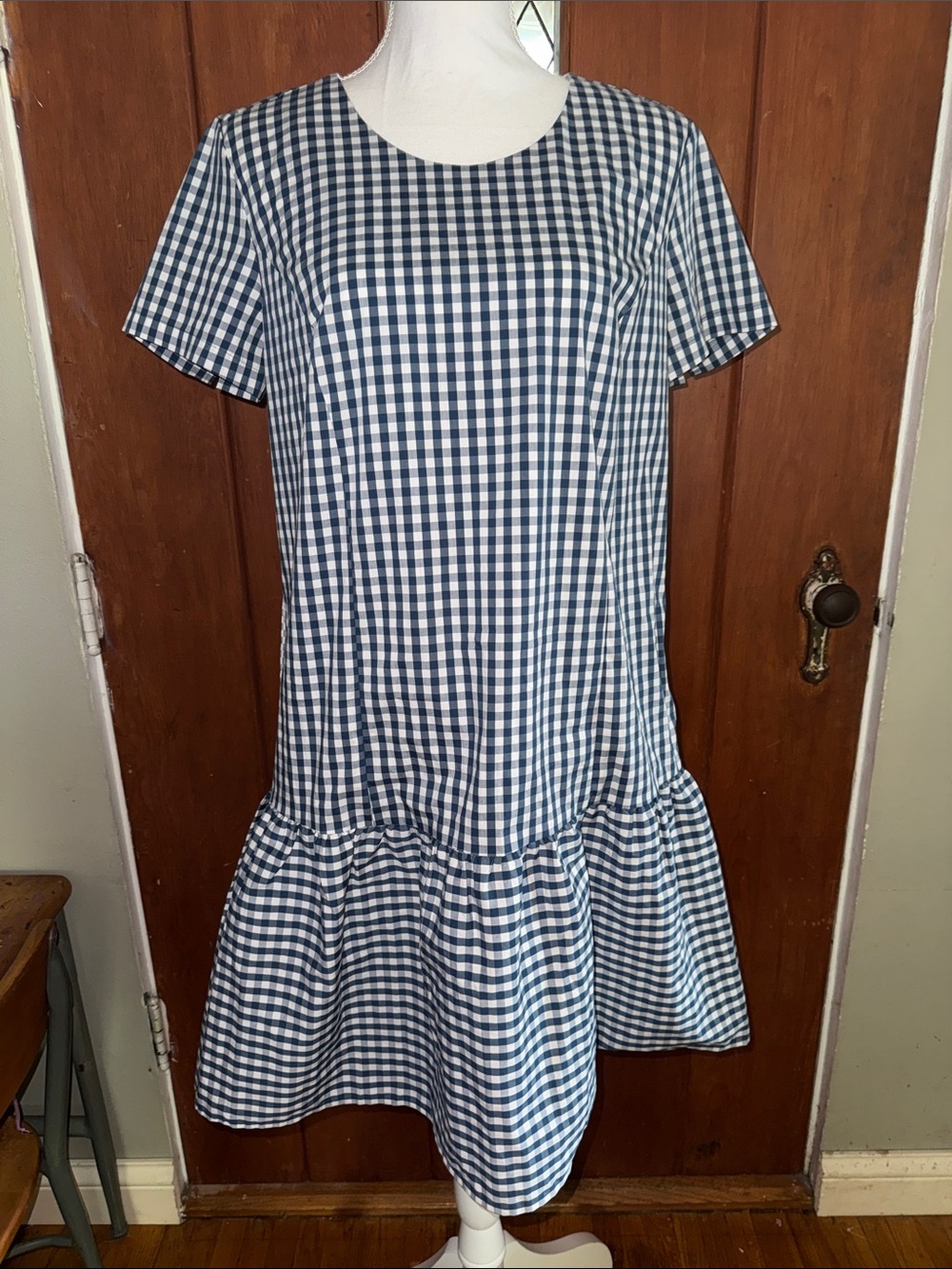 Universal Standard for J. Crew, Modest Naavy and White Gingham Drop-Waist Dress
